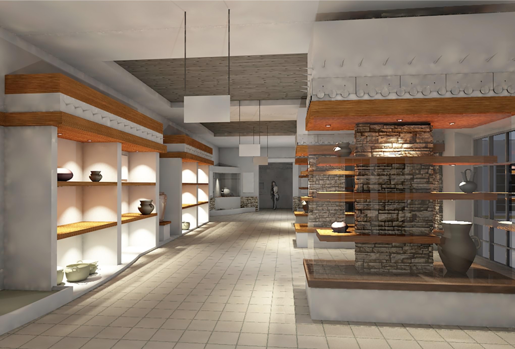 3D render of the proposed Aksum Archaeological Museum interior: warm wood-and-stone display walls with backlit niches showcasing Axumite ceramics and metalwork along a polished stone gallery — the lead image for the Aksum project case study.